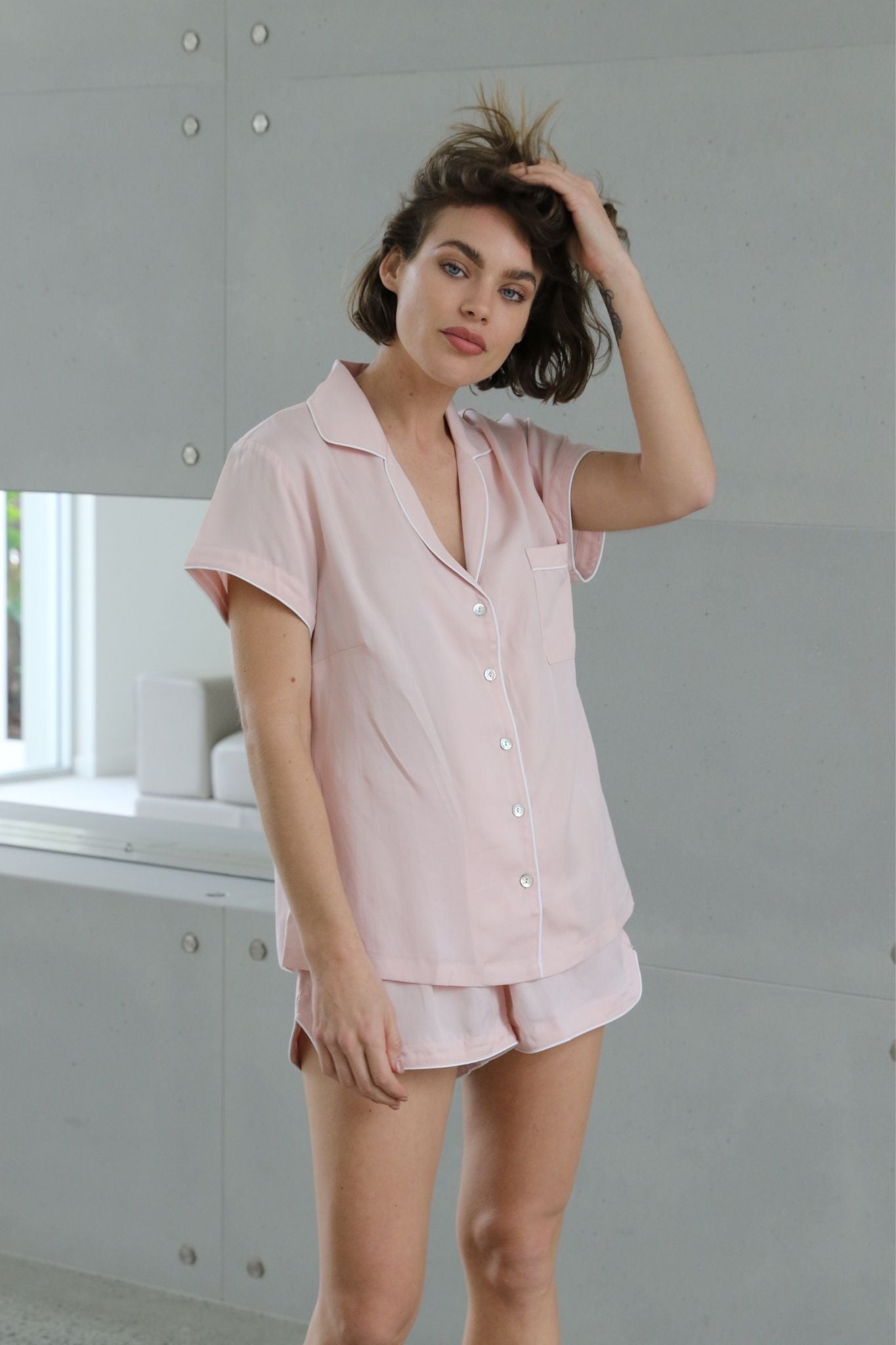 Eva Short Tencel™ Womens Personalised Pyjama Set Blush With White Piping | Homebodii