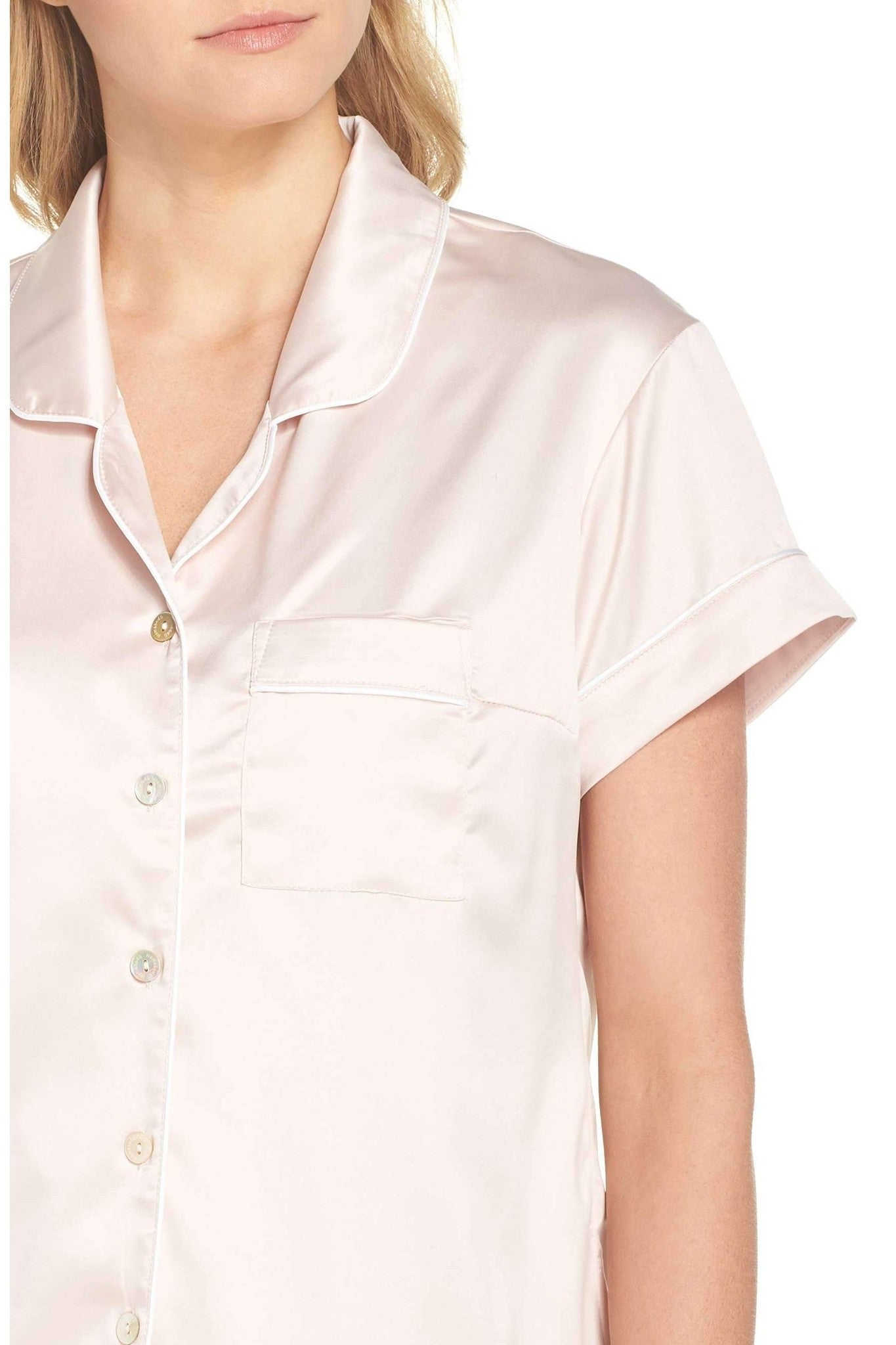 Grace Short Satin Personalised Pyjama set with Blush With White Piping | Homebodii