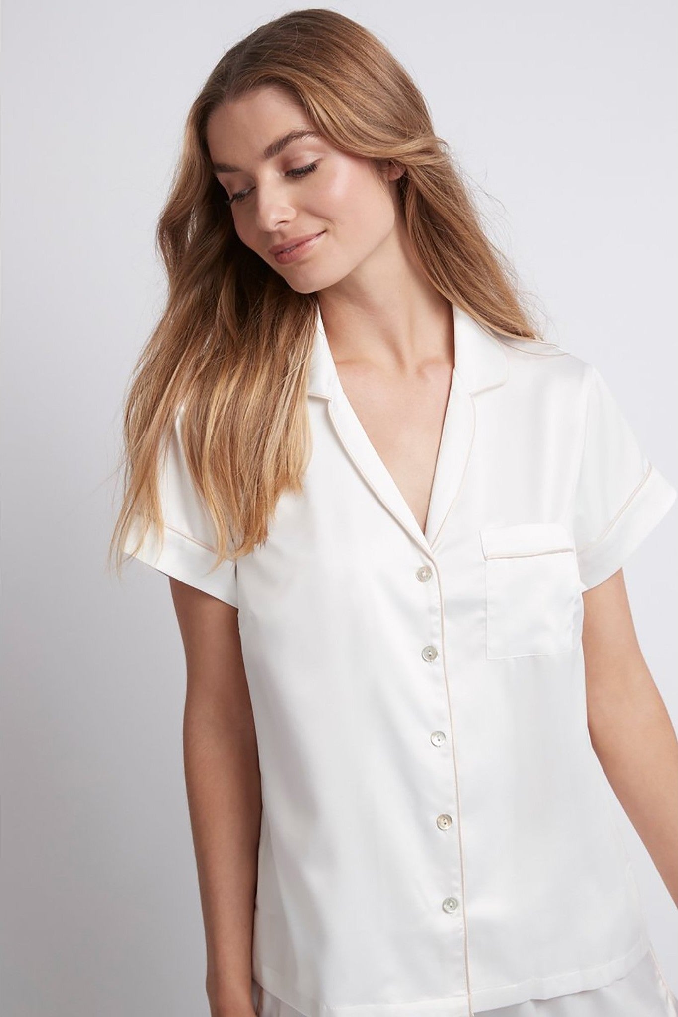 Grace Short Satin Personalised Pyjama set with White With Blush Piping | Homebodii