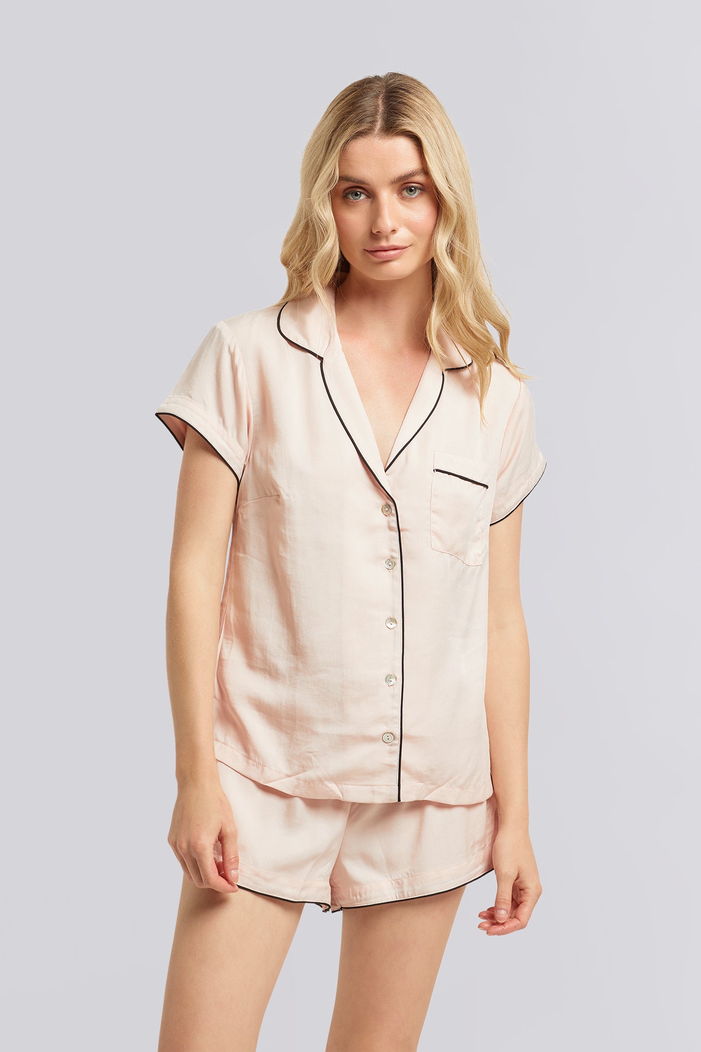 Eva Short Tencel™ Womens Personalised Pyjama Set Blush With Black Piping | Homebodii