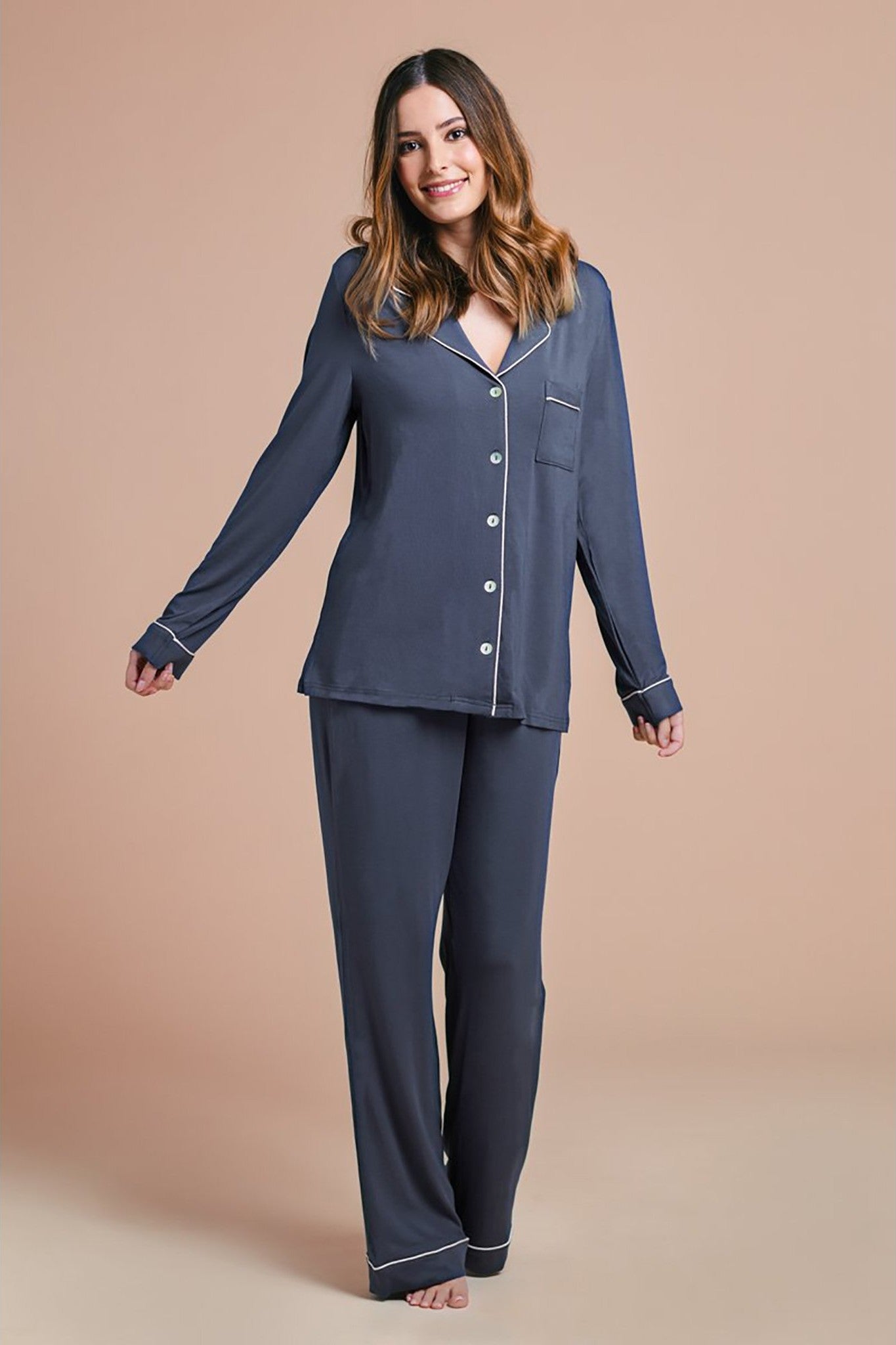 Petra Womens Tencel™ Modal Personalised Long Pyjama Set Charcoal with Blush | Homebodii