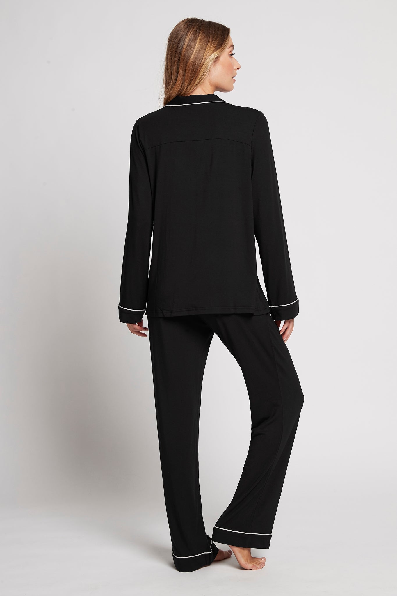 Petra Womens Tencel™ Modal Personalised Pyjama Lounge Set Black With Blush Piping | Homebodii