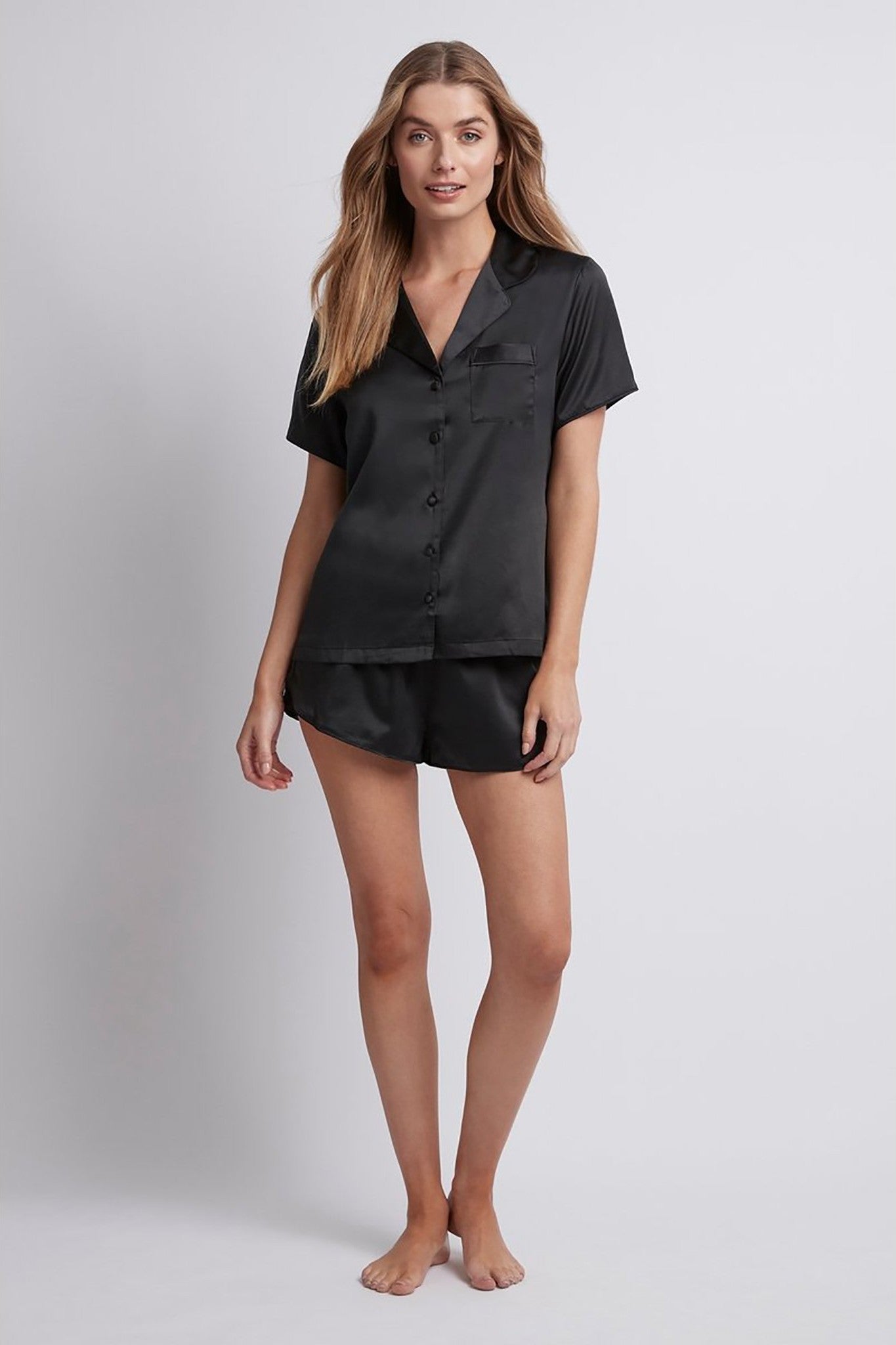 Toni Short Sleeve Personalised Satin Womens Pyjamas Black | Homebodii