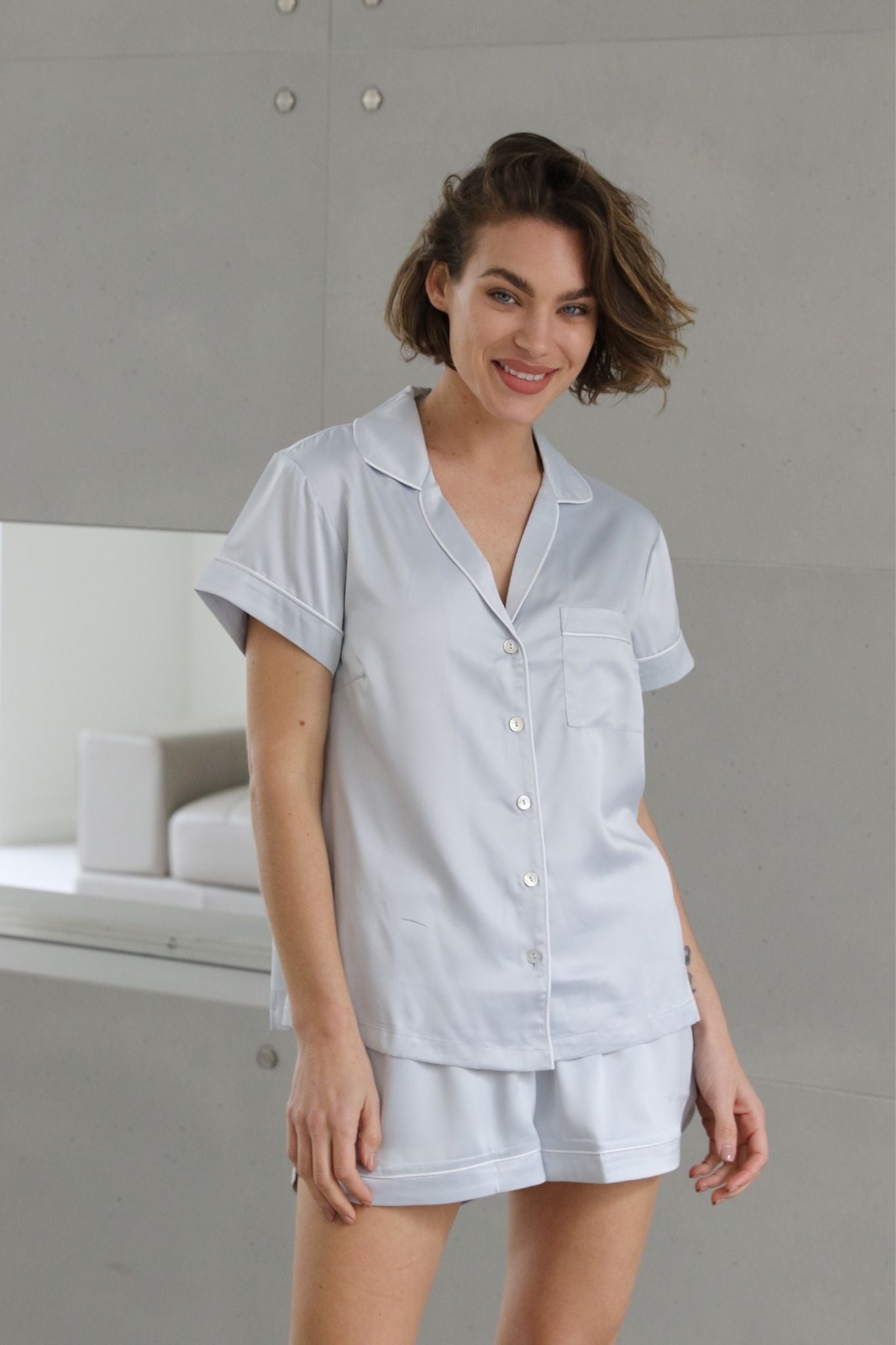 Grace Short Satin Personalised Pyjama set with Eggshell Blue With White Piping | Homebodii