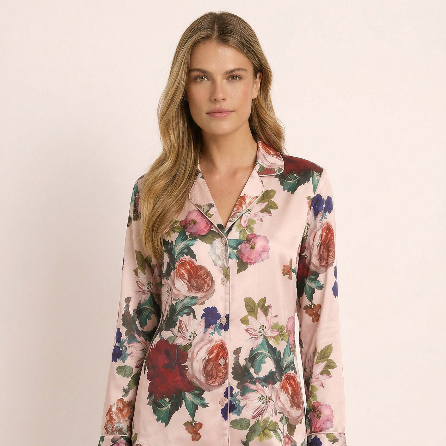 Aurora Lounge Pyjama Set in rose print, at-home dressing
