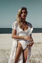 Amira Long Bridal Lace Robe | Homebodii