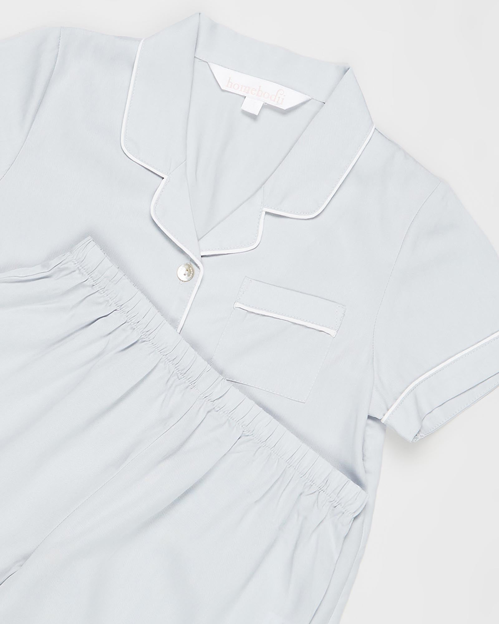 Eva Kids Short Tencel™ Personalised Pyjama Set  Eggshell Blue With White Piping | Homebodii