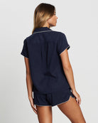 Eva Short Tencel™ Womens Personalised Pyjama Set  Navy With White Piping | Homebodii