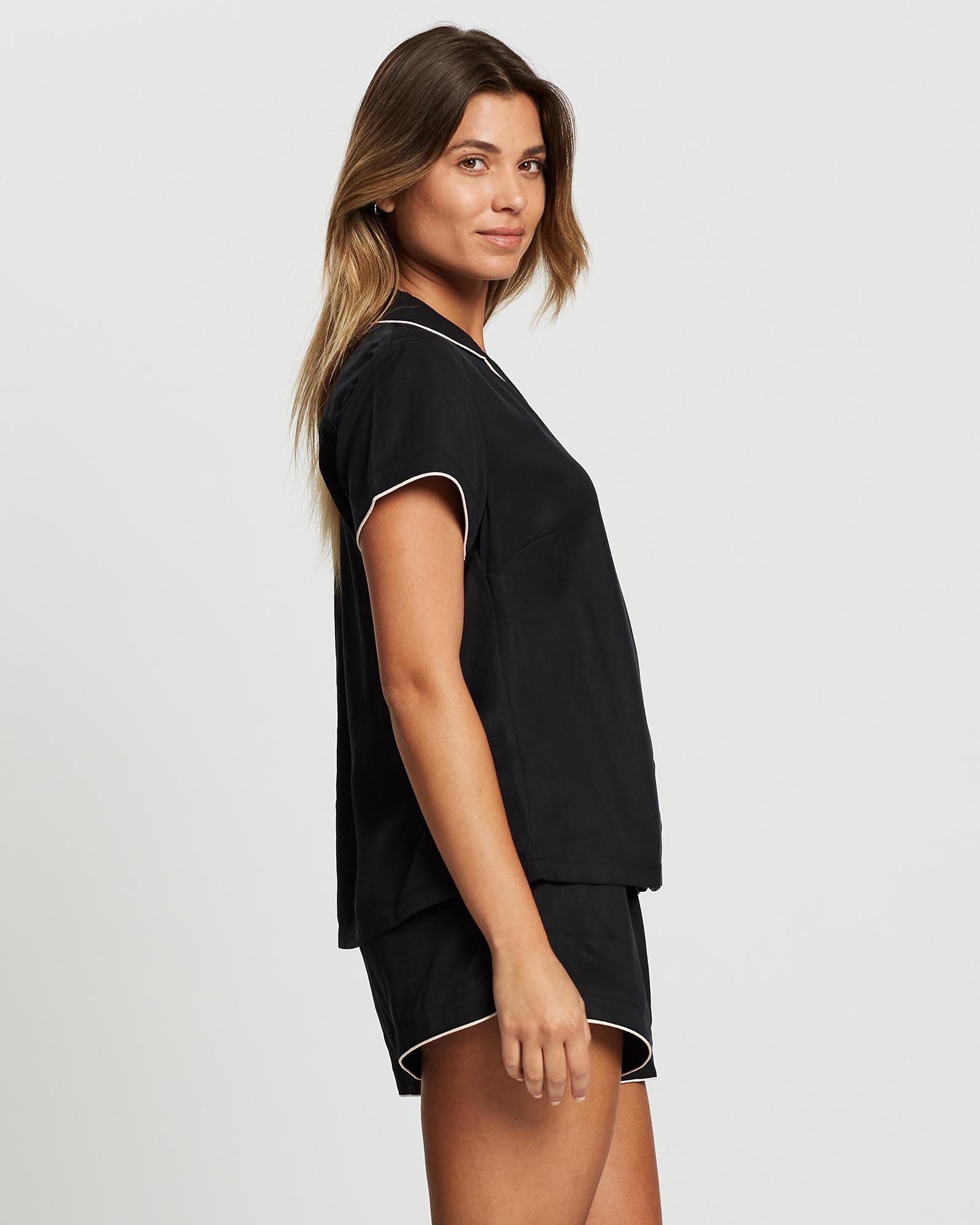 Eva Short Tencel™  Womens Personalised Pyjama Set  Black With Blush Piping | Homebodii