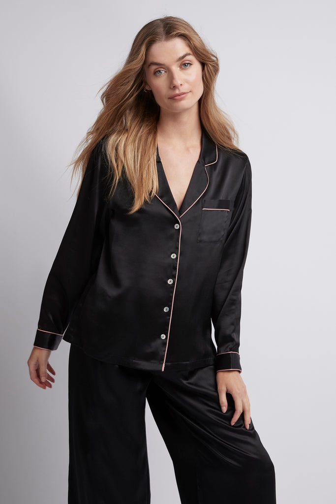 Homebodii Silk Women's Pyjama Set - Black with blush piping | Homebodii AU.