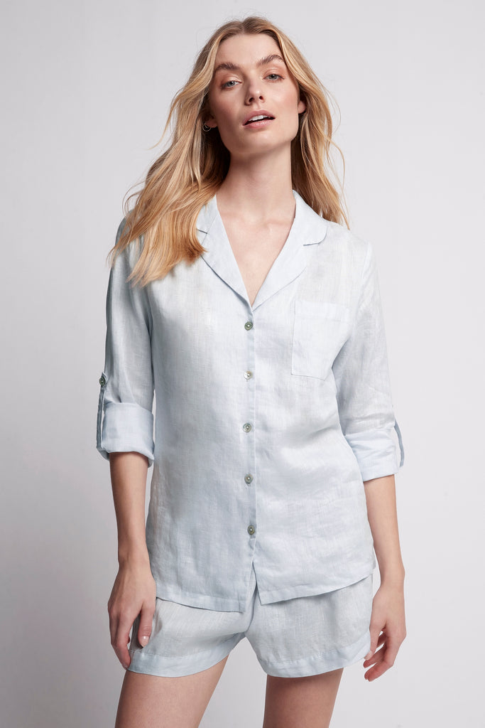 Linen Long Sleeve with Short Personalised Pyjama Set Eggshell Blue | Homebodii