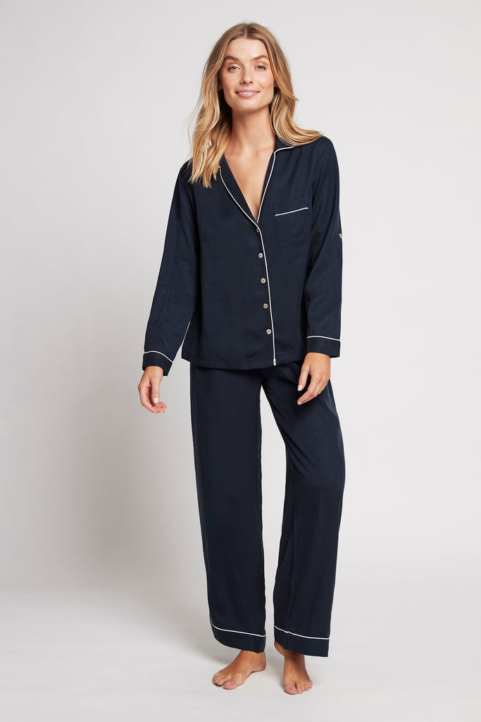 Eva Long Tencel™  Womens Personalised Pyjama Set  Navy With White Piping | Homebodii