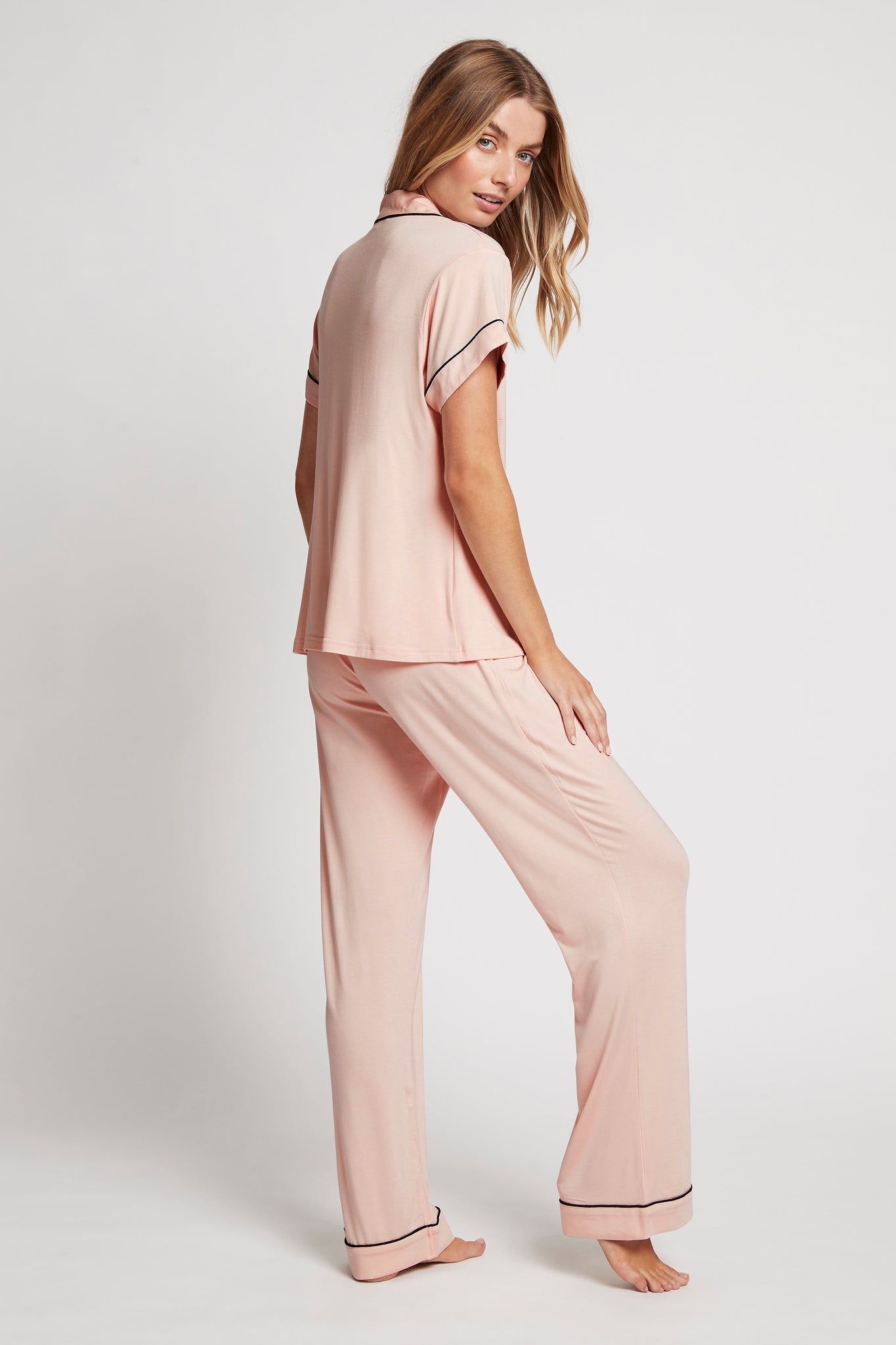 Petra Womens Tencel™ Modal Personalised Short Sleeve With Long Pant Pyjama Set  Blush With Black Piping | Homebodii