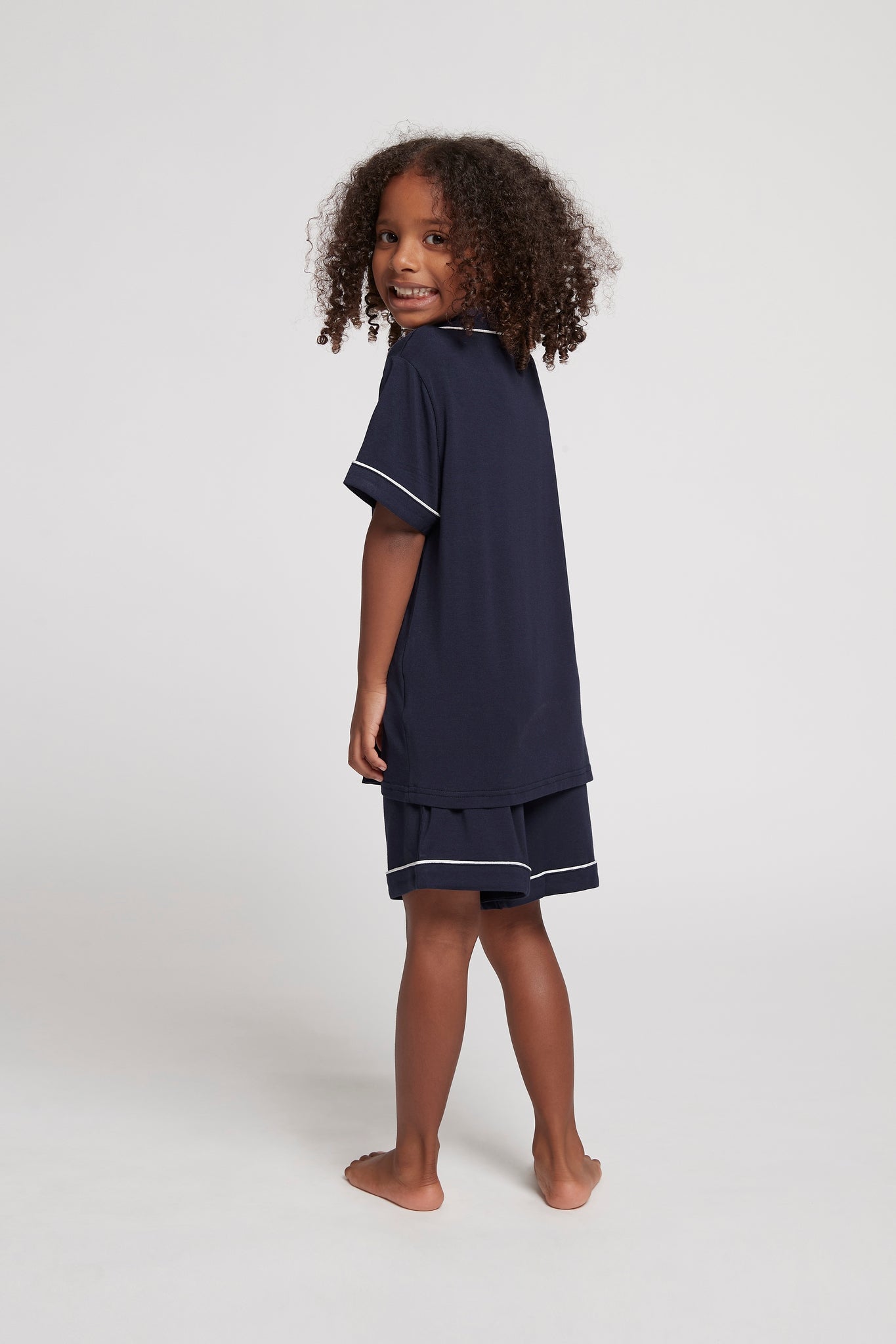Petra Modal Kids Pyjama Set Navy with White Piping | Homebodii
