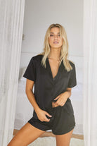 Toni Short Sleeve Personalised  Satin Womens Pyjamas Black | Homebodii