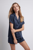 Toni Short Sleeve Personalised Satin Womens Pyjamas  Navy | Homebodii