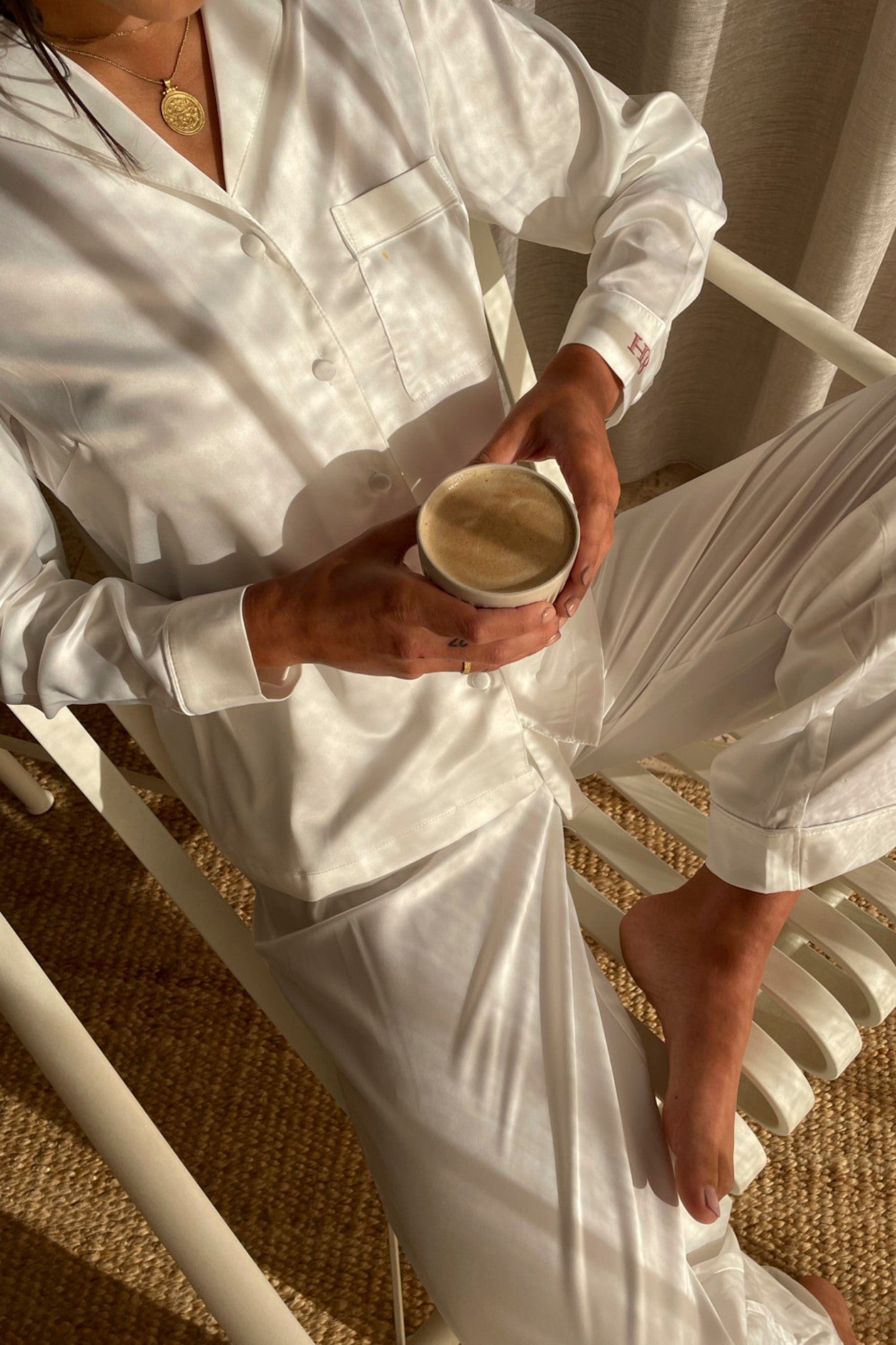 Toni Womens Personalised Satin Satin Pyjama Lounge Set  White | Homebodii