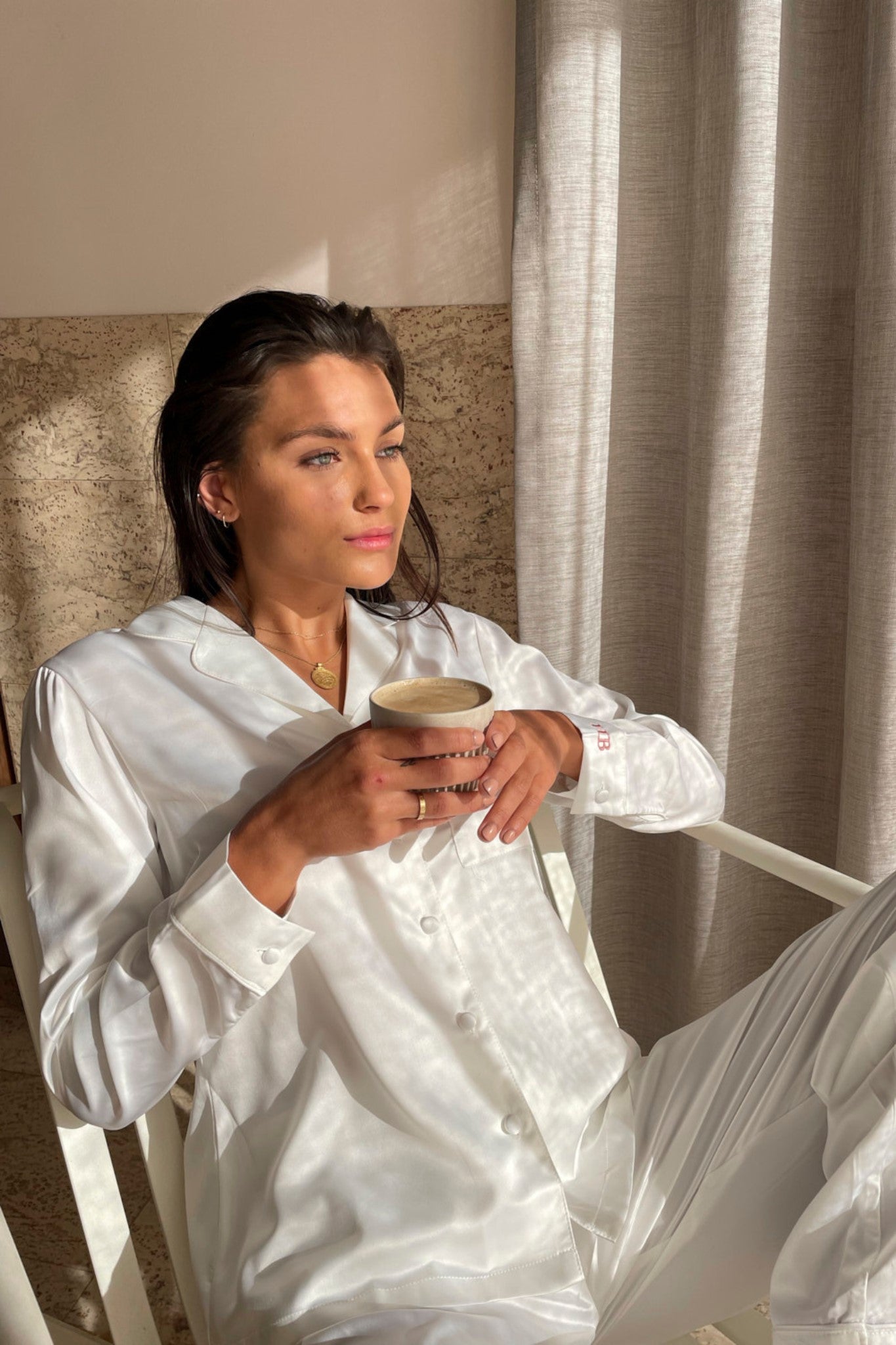 Toni Womens Personalised Satin Satin Pyjama Lounge Set  White | Homebodii