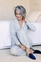 Eva Long Tencel™ Womens Personalised Pyjama Set  Eggshell Blue With White Piping | Homebodii