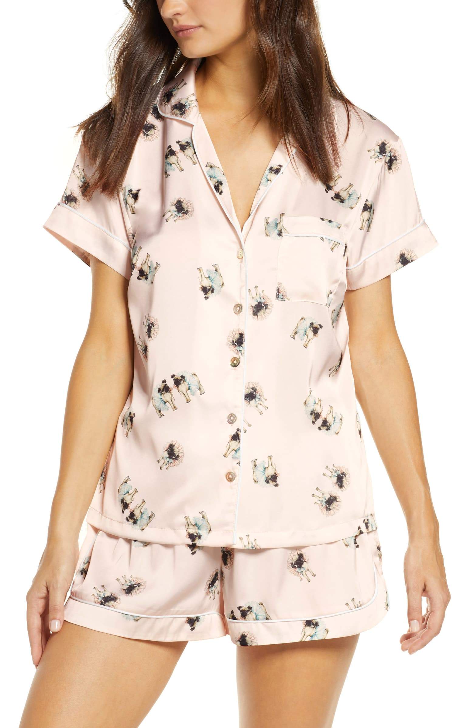 Ruby Womens Personalised Satin Pyjama Set Pug Short Pj Set | Homebodii